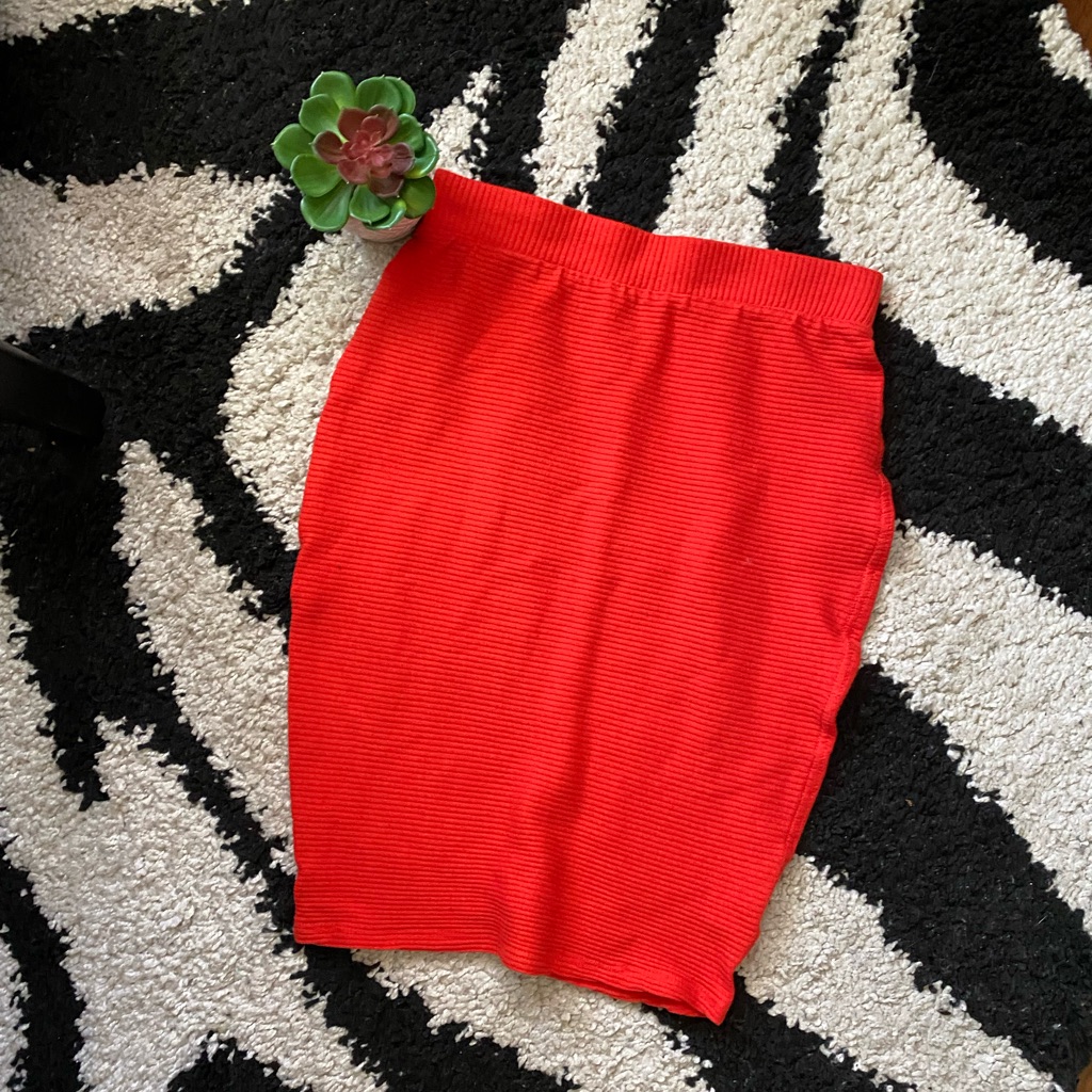 Red-Orange Ribbed Midi Skirt